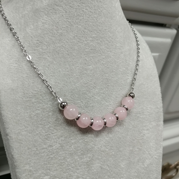 Rose Quartz Bead Necklace Natural Gemstone Crystal Stainless-Steel Chain 20" - Picture 6 of 13